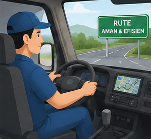 Ilustrasi driver trucking berpengalaman mengemudi di rute aman